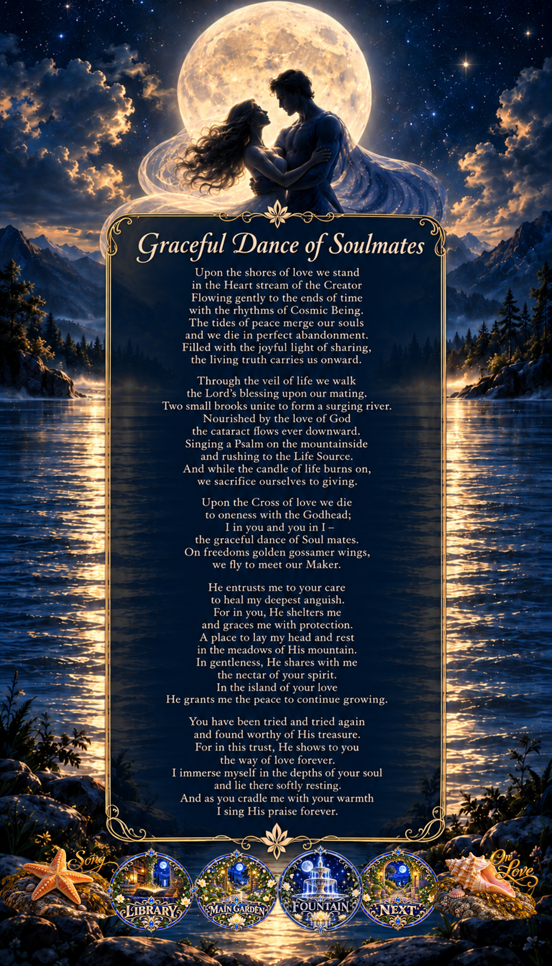 Graceful Dance of Soulmates, a contemplative poem presented beside a moonlit lake beneath two figures joined together before a luminous full moon.