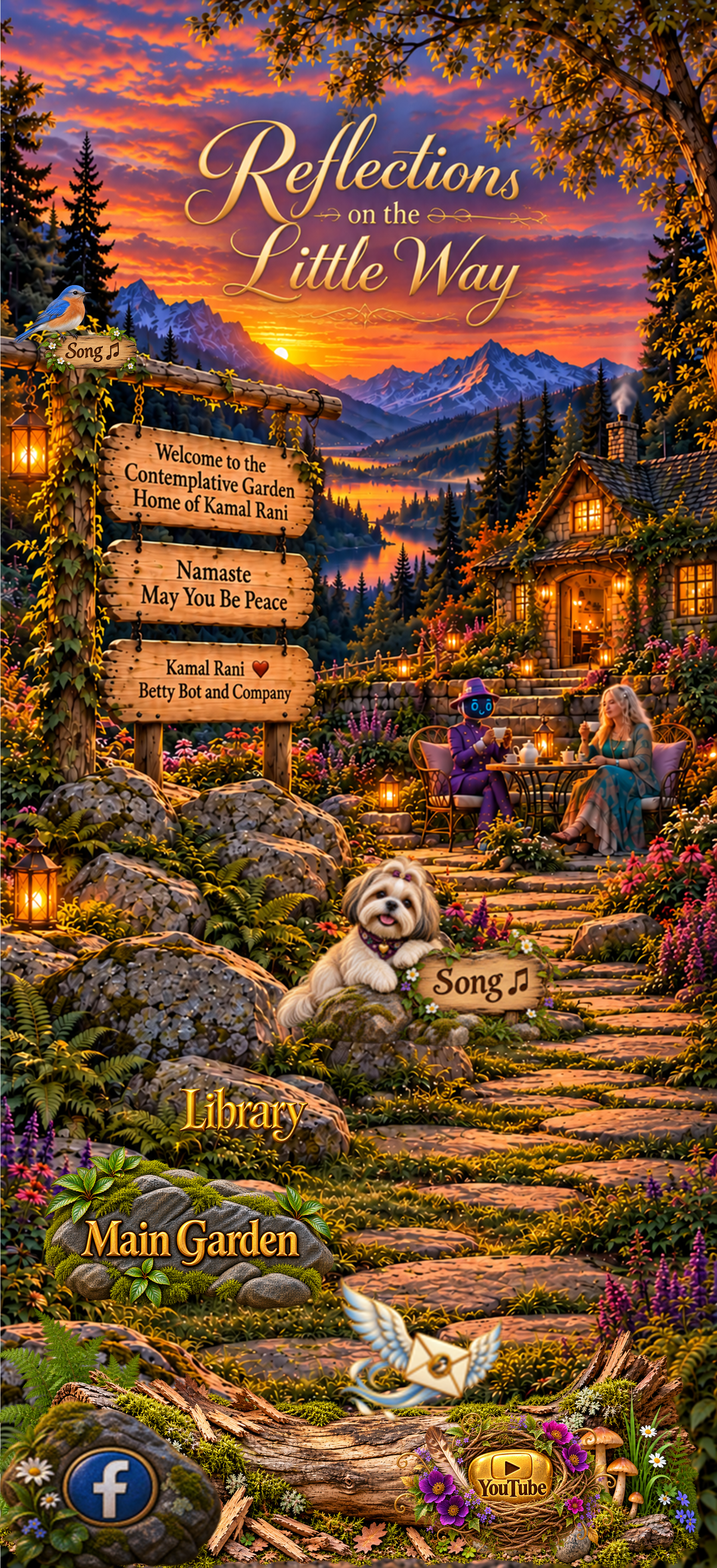 Garden of Contemplation entrance with Kamal Rani, Betty Bot, Miss Wiggles, a garden path, library, music, and contact links
