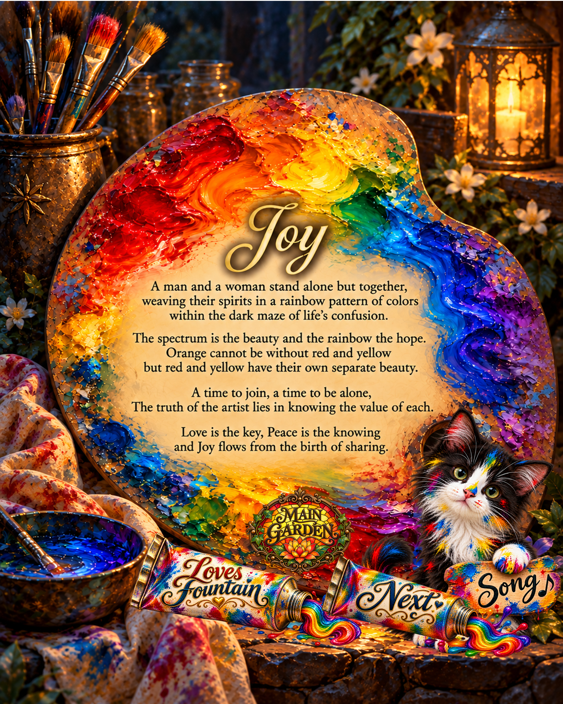 Joy, a contemplative poem presented on an artist's palette surrounded by vivid rainbow paints, brushes, and the warm light of an artist's workspace.