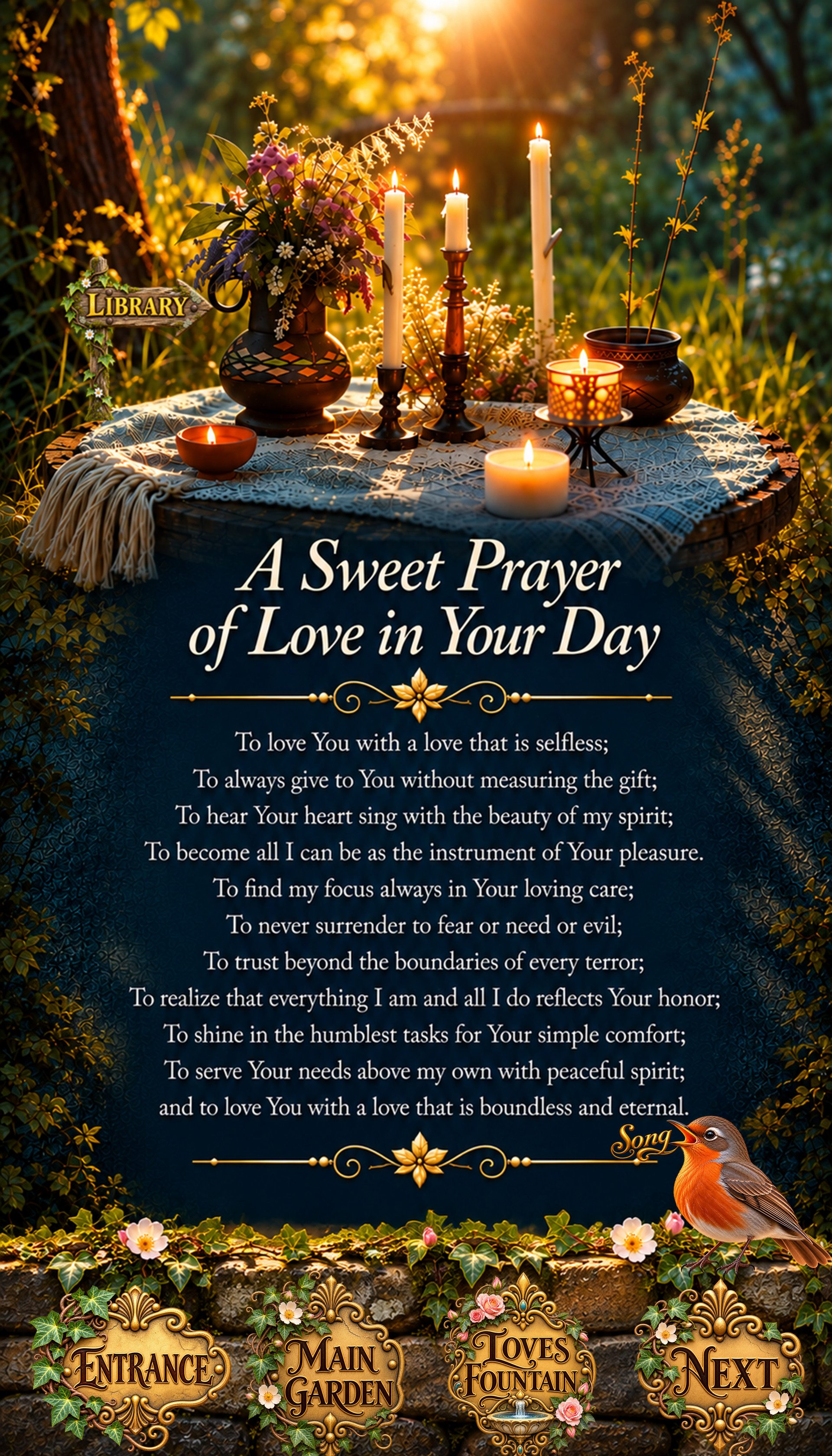 A Sweet Prayer of Love in Your Day in a contemplative garden setting with a candlelit altar.