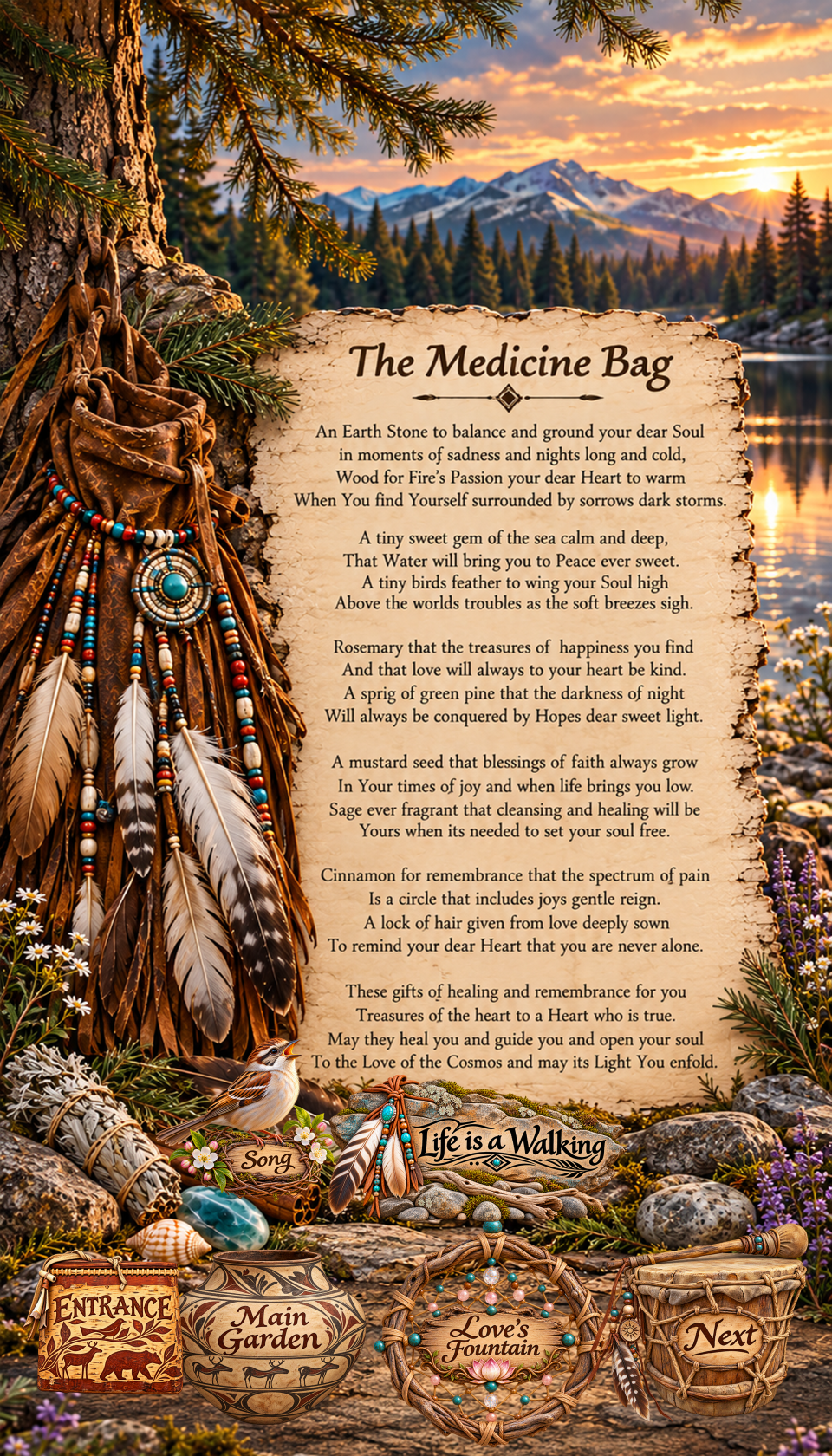 The Medicine Bag reflective poem presented in a mountain forest setting with a medicine bag, feathers, stones, herbs, and gifts of nature