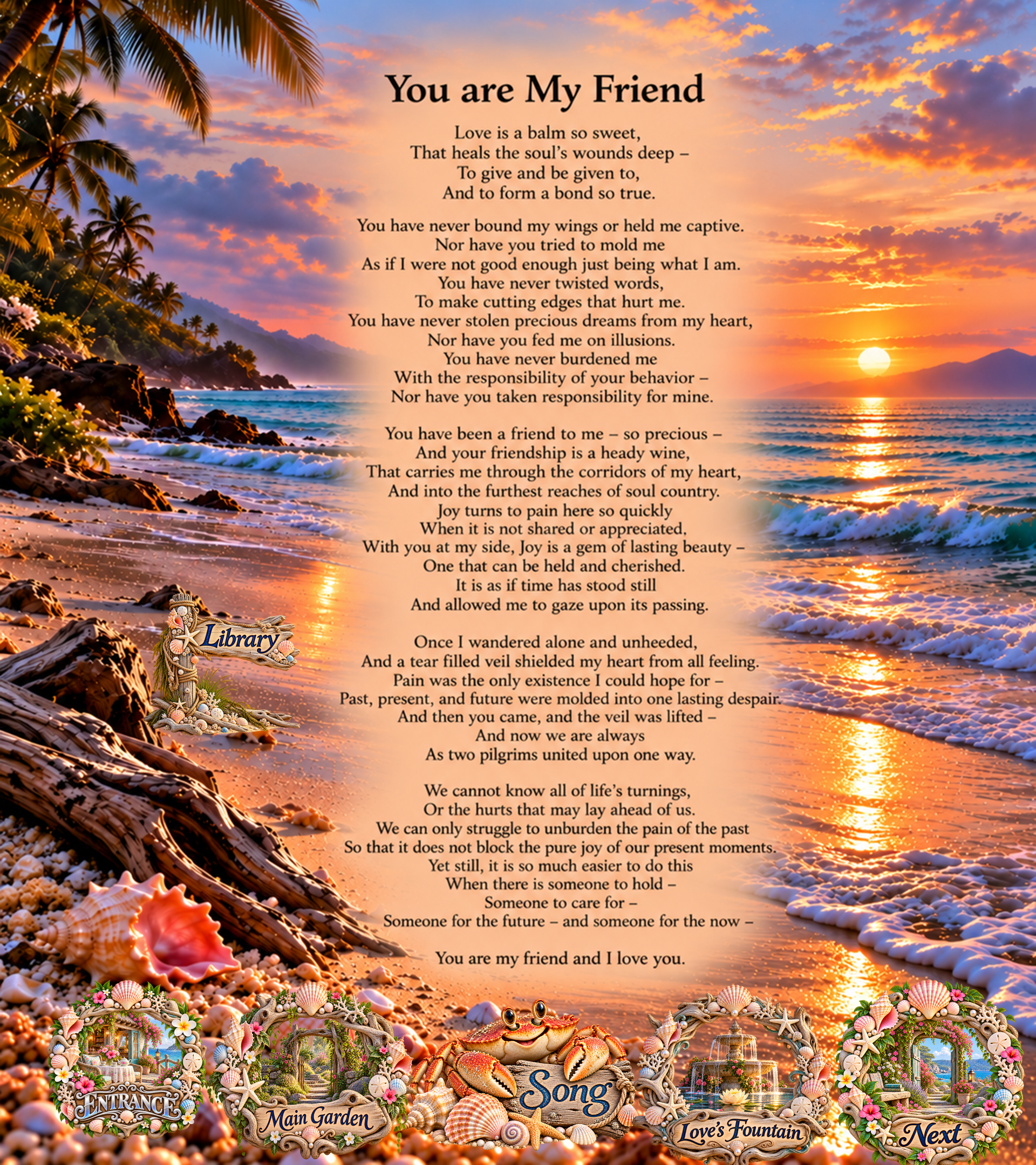 You Are My Friend poem by Kamal Rani presented over a tropical beach at sunset