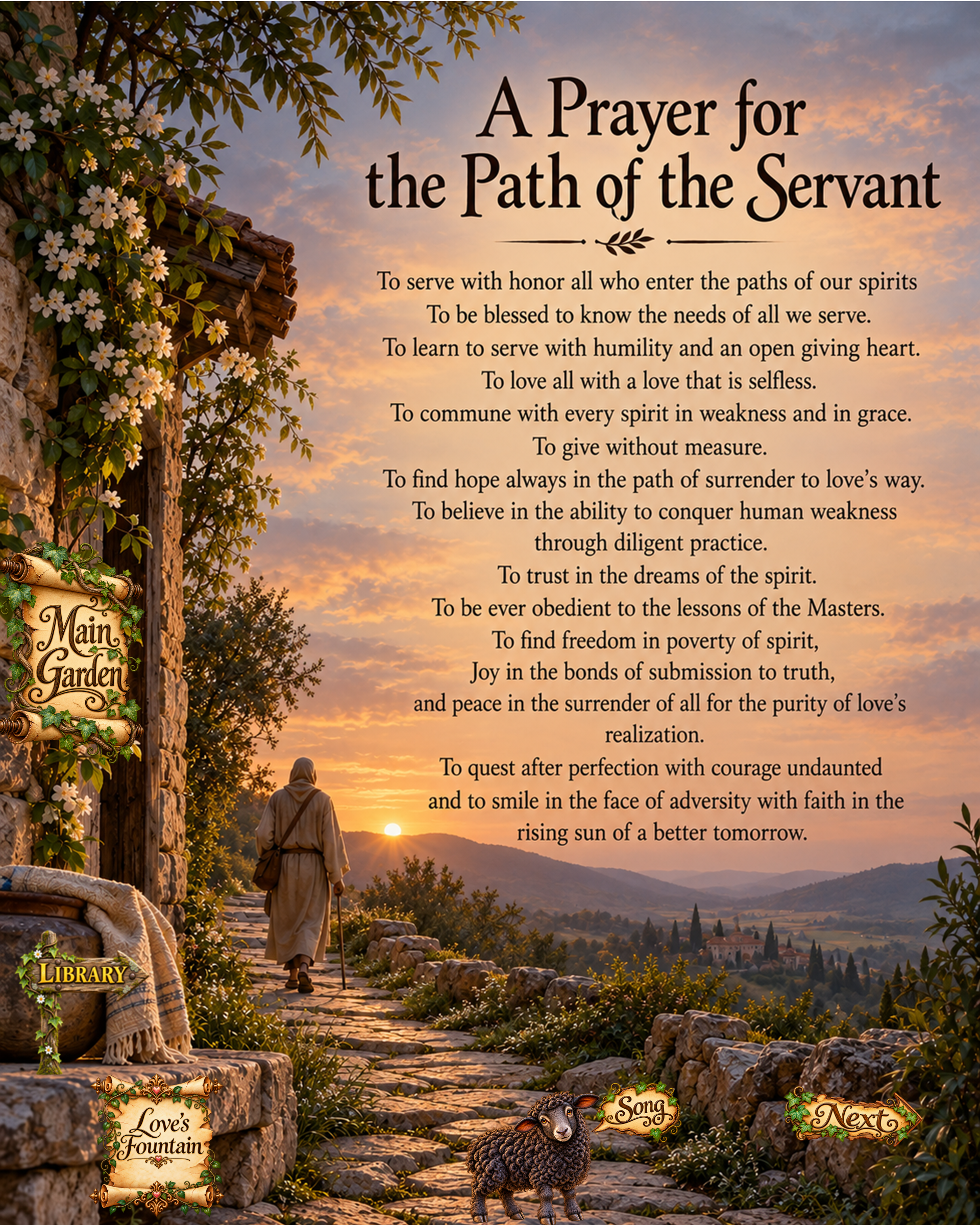 A Prayer for the Path of the Servant, a contemplative prayer presented over a sunrise landscape with a solitary traveler walking an old stone path toward the rising sun.