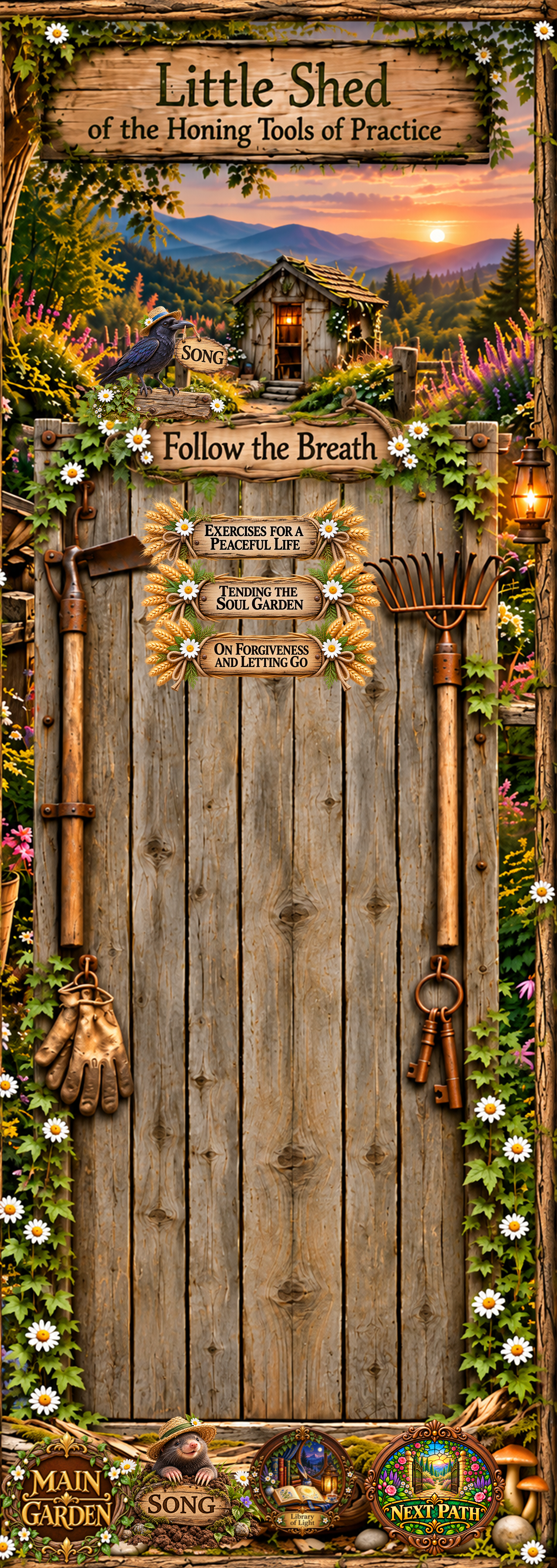 Little Shed of the Honing Tools of Practice with garden signs and navigation icons.