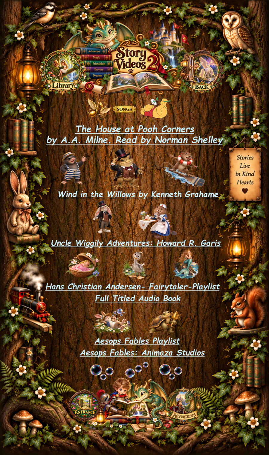 Betty Bot’s Tea House Story Videos 2, with woodland decorations and story titles.